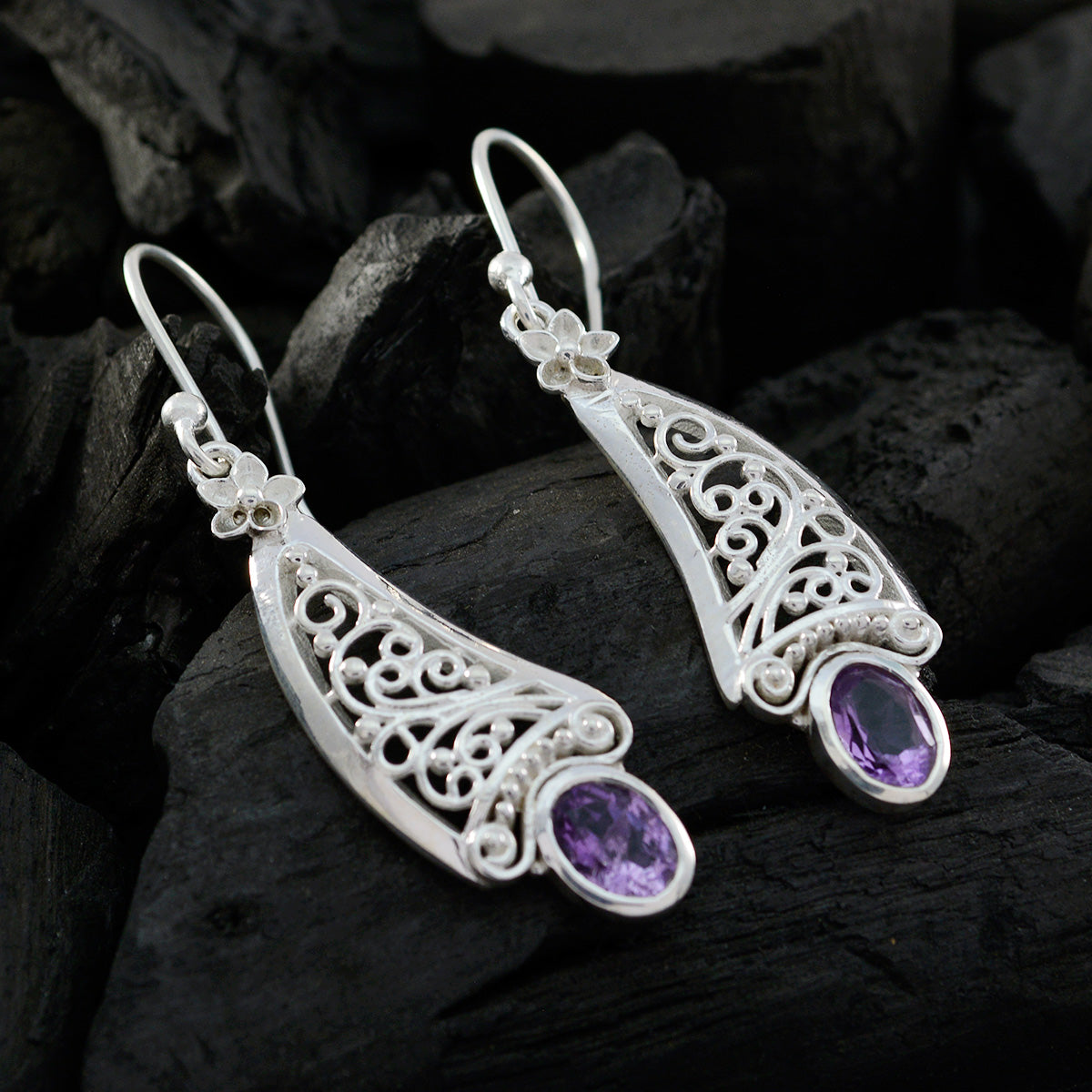 Riyo Natural Gemstone oval Faceted Purple Amethyst Silver Earring gift for b' day