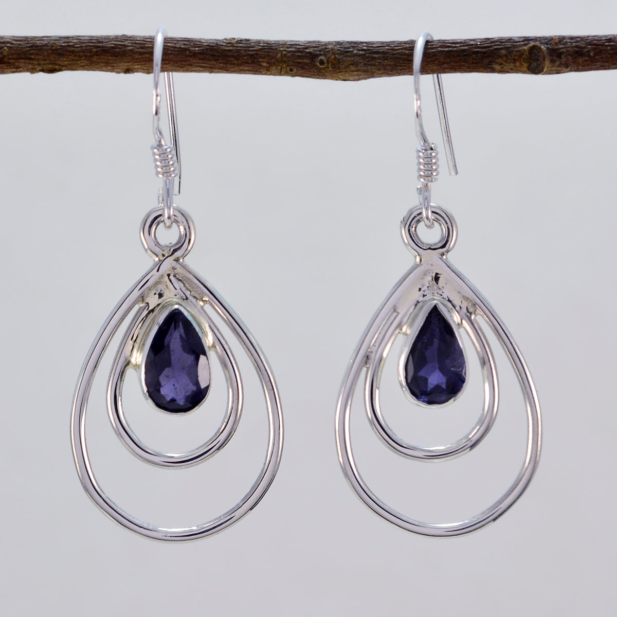 Riyo Natural Gemstone pear Faceted Nevy Blue Iolite Silver Earring gift for friend