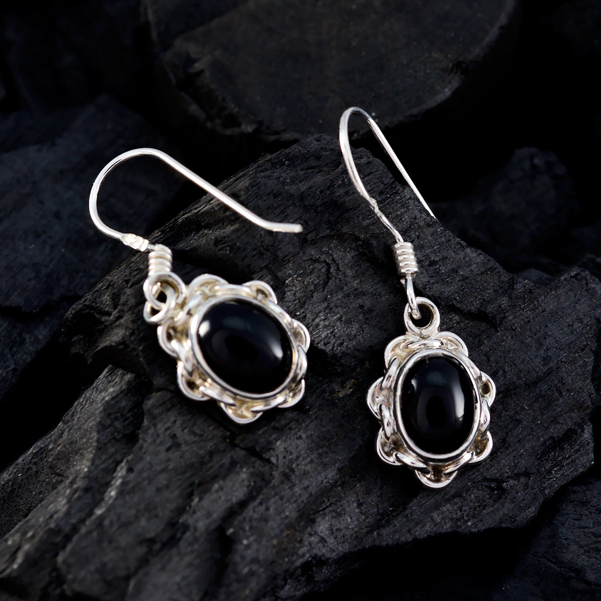 Riyo Natural Gemstone round Cabochon Black Onyx Silver Earrings gift