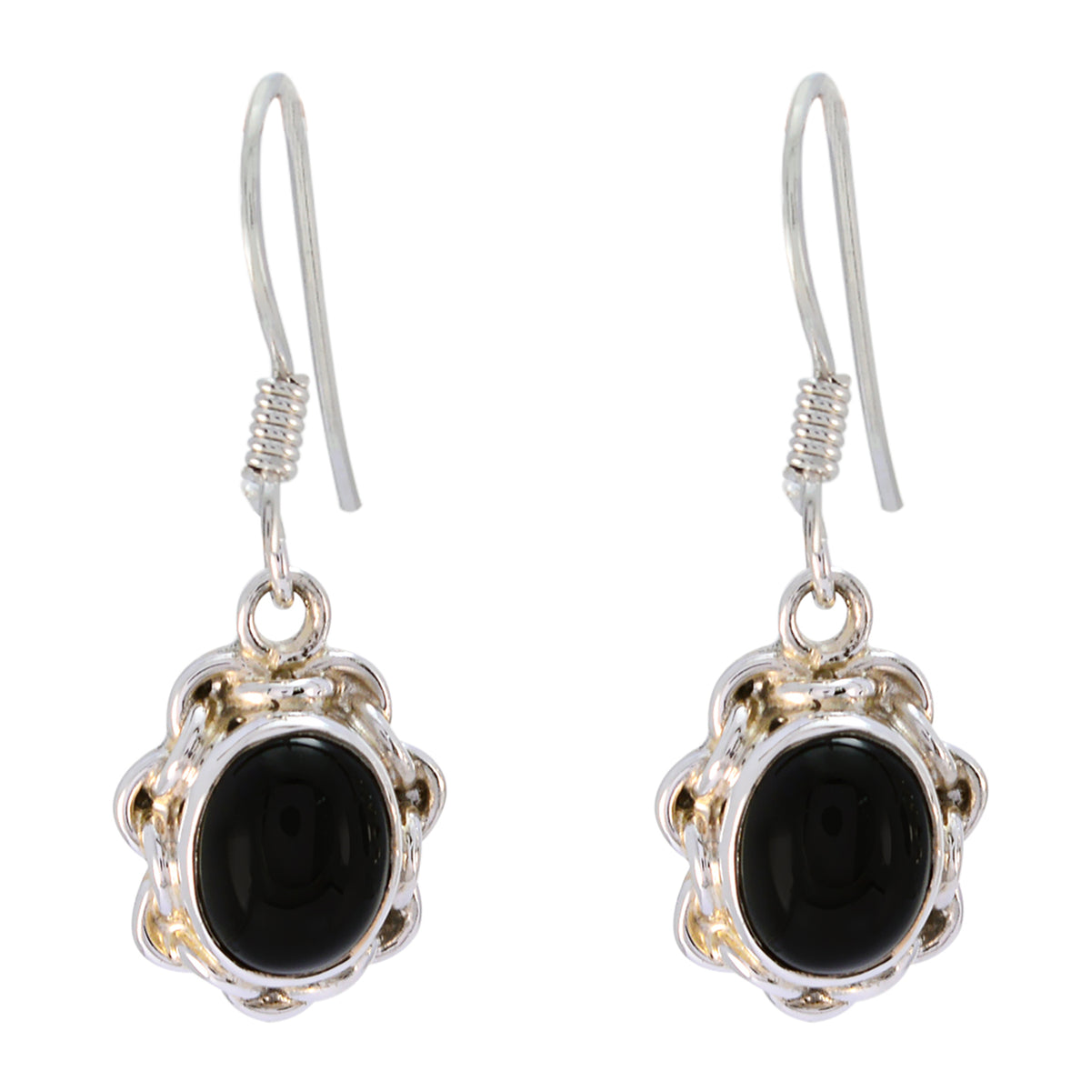 Riyo Natural Gemstone round Cabochon Black Onyx Silver Earrings gift