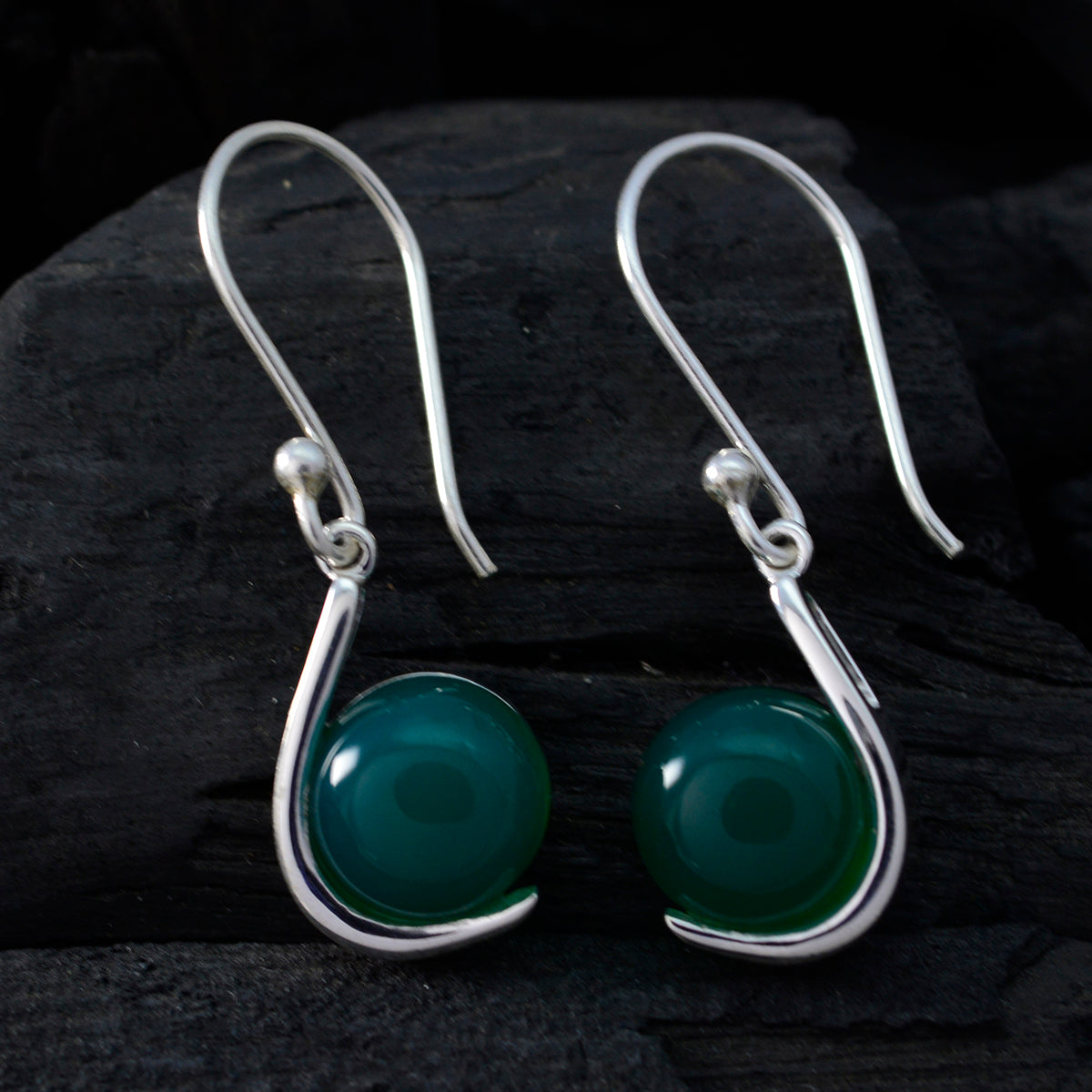 Riyo Natural Gemstone round Cabochon Green Onyx Silver Earring gift for children day