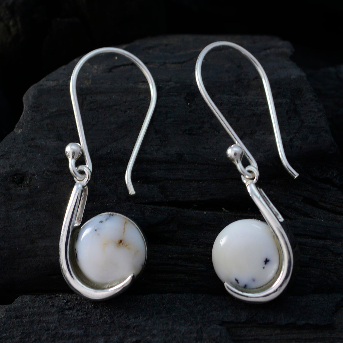 Riyo Natural Gemstone round Cabochon Multi dendrite Opal Silver Earrings gift for anniversary