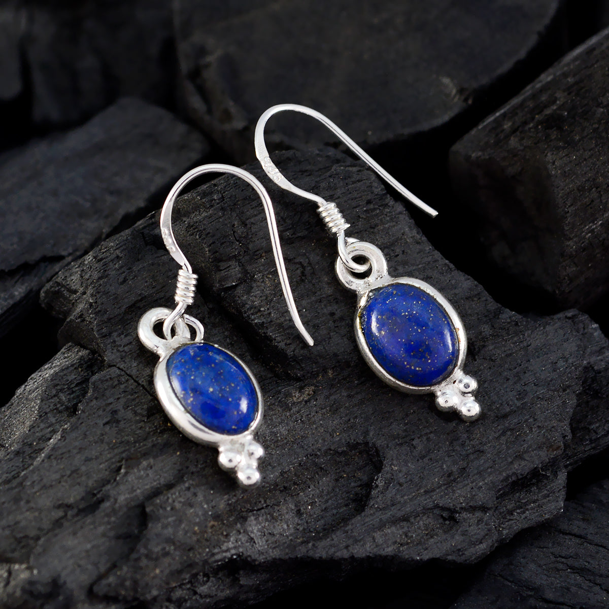 Riyo Natural Gemstone round Cabochon Nevy Blue Lapis Lazuli Silver Earring gift for grandmother