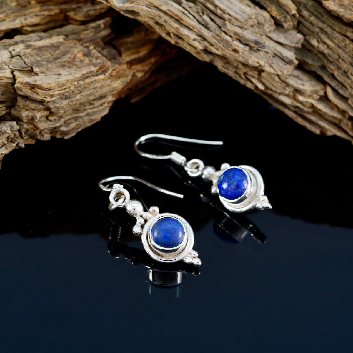 Riyo Natural Gemstone round Cabochon Nevy Blue Lapis Lazuli Silver Earrings gift for good