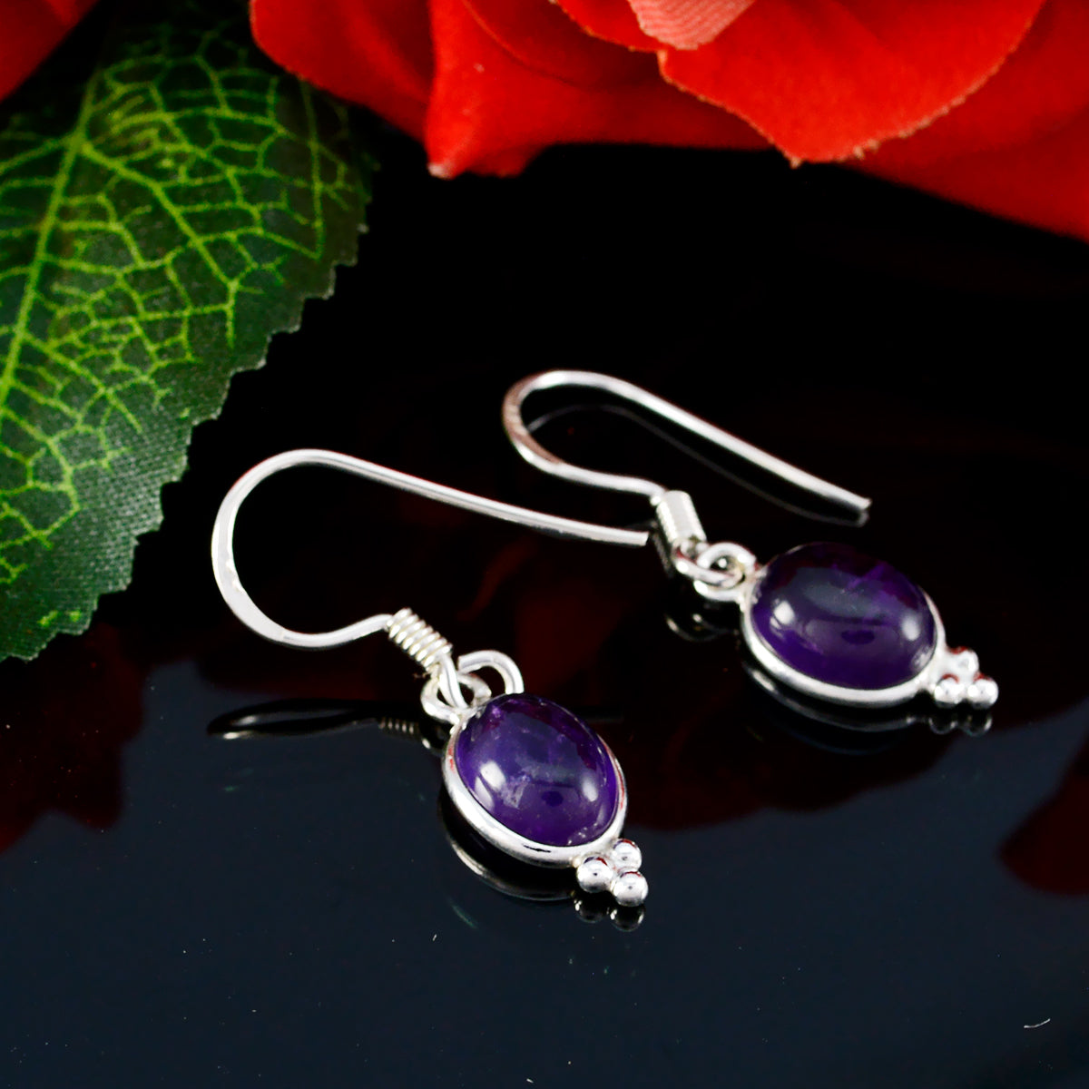 Riyo Natural Gemstone round Cabochon Purple Amethyst Silver Earrings gift for boxing day