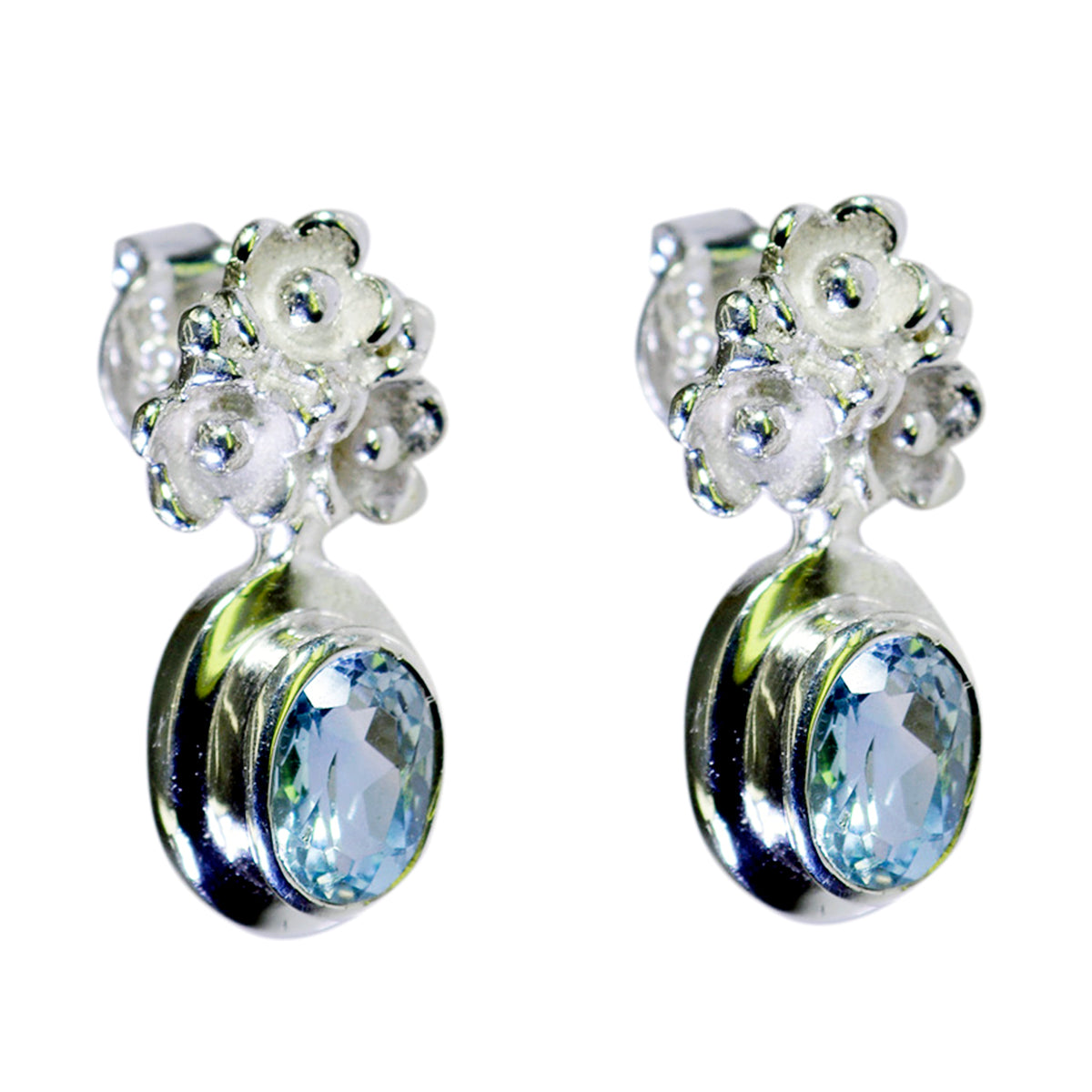 Riyo Natural Gemstone round Checker Blue Topaz Silver Earrings daughter's day gift