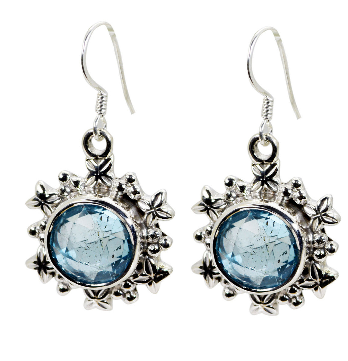 Riyo Natural Gemstone round Checker Blue Topaz Silver Earrings gift for anniversary day