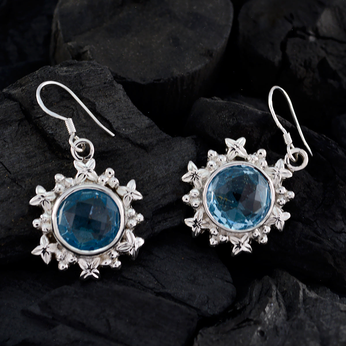 Riyo Natural Gemstone round Checker Blue Topaz Silver Earrings gift for anniversary day