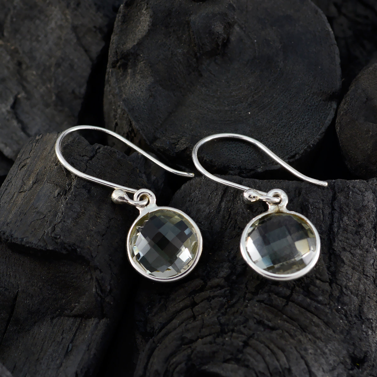 Riyo Natural Gemstone round Checker Green Amethyst Silver Earring gift for women