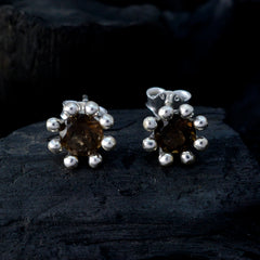 Riyo Natural Gemstone round Faceted Brown Smokey Quartz Silver Earring moms day gift