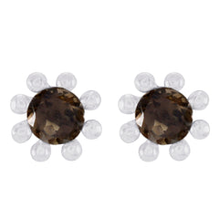 Riyo Natural Gemstone round Faceted Brown Smokey Quartz Silver Earring moms day gift