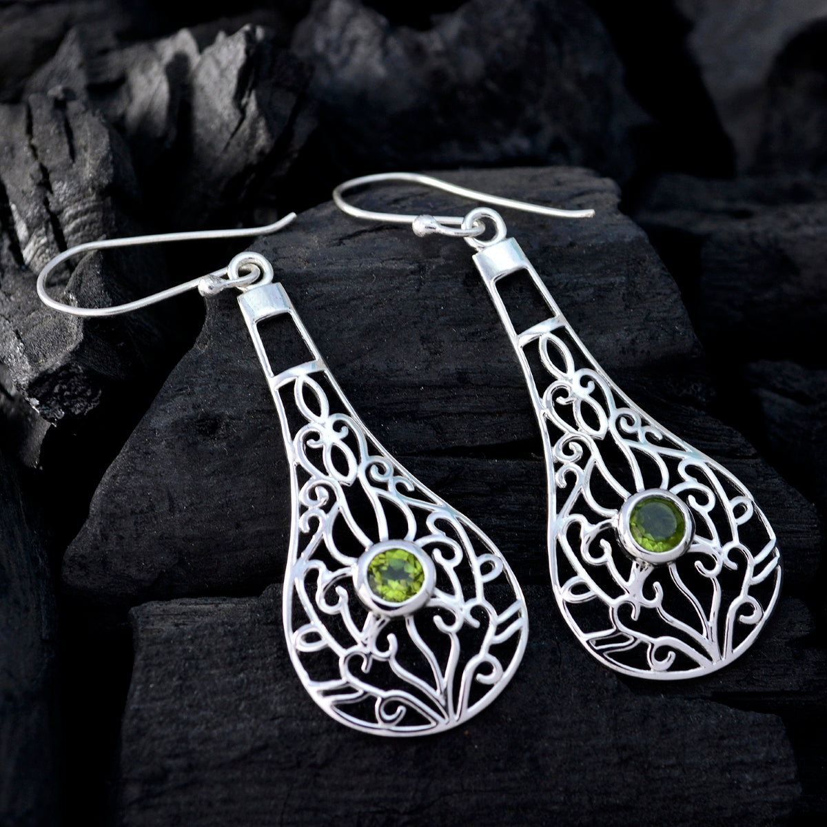 Riyo Natural Gemstone round Faceted Green Peridot Silver Earrings gift for handmade