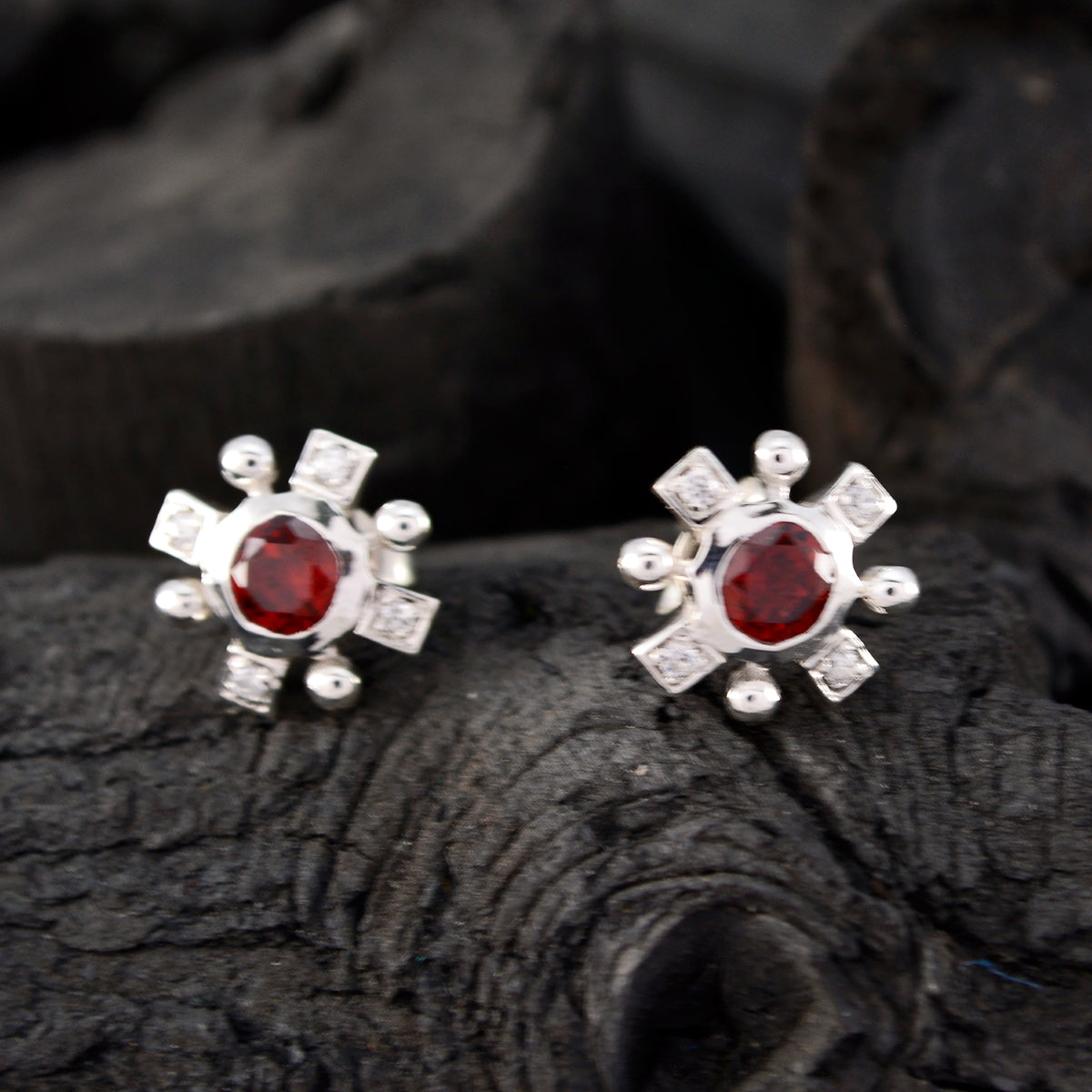 Riyo Natural Gemstone round Faceted Red Garnet Silver Earrings gift for valentine's day