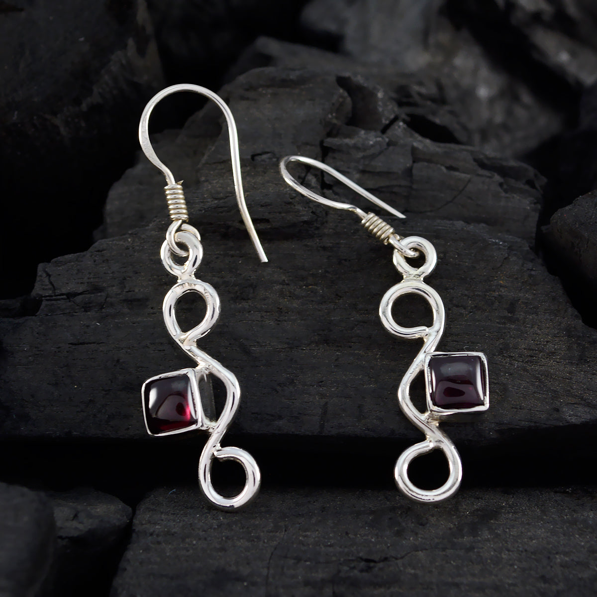 Riyo Natural Gemstone square Cabochon Red Garnet Silver Earring gift for independence