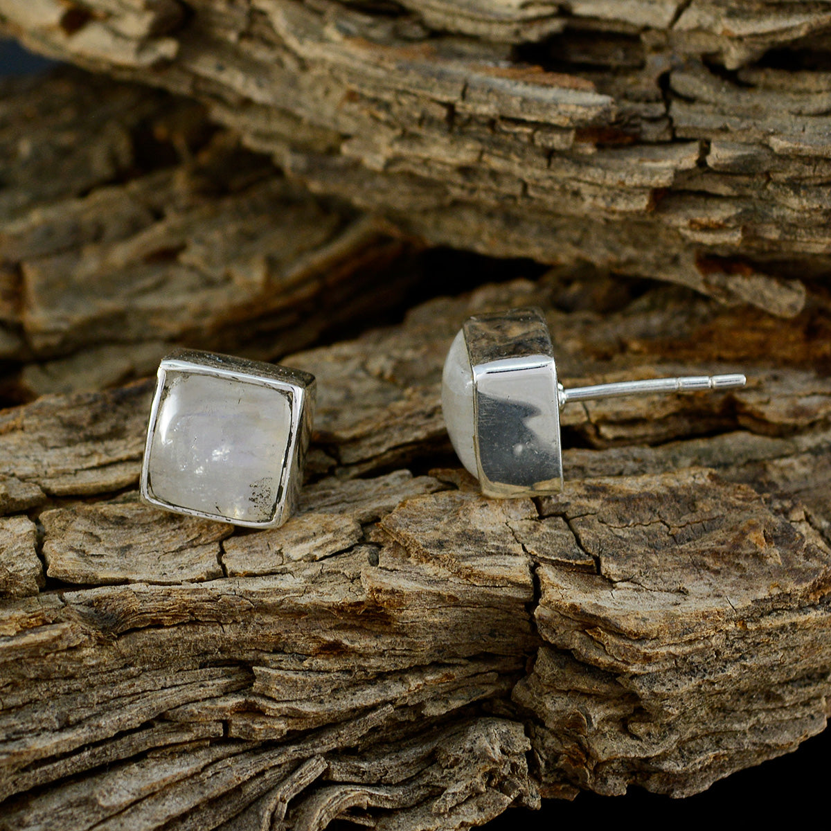 Riyo Natural Gemstone square Cabochon White Rainbow Moonstone Silver Earring teacher's day gift