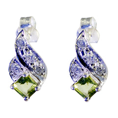 Riyo Natural Gemstone square Faceted Green Peridot Silver Earring engagement gift