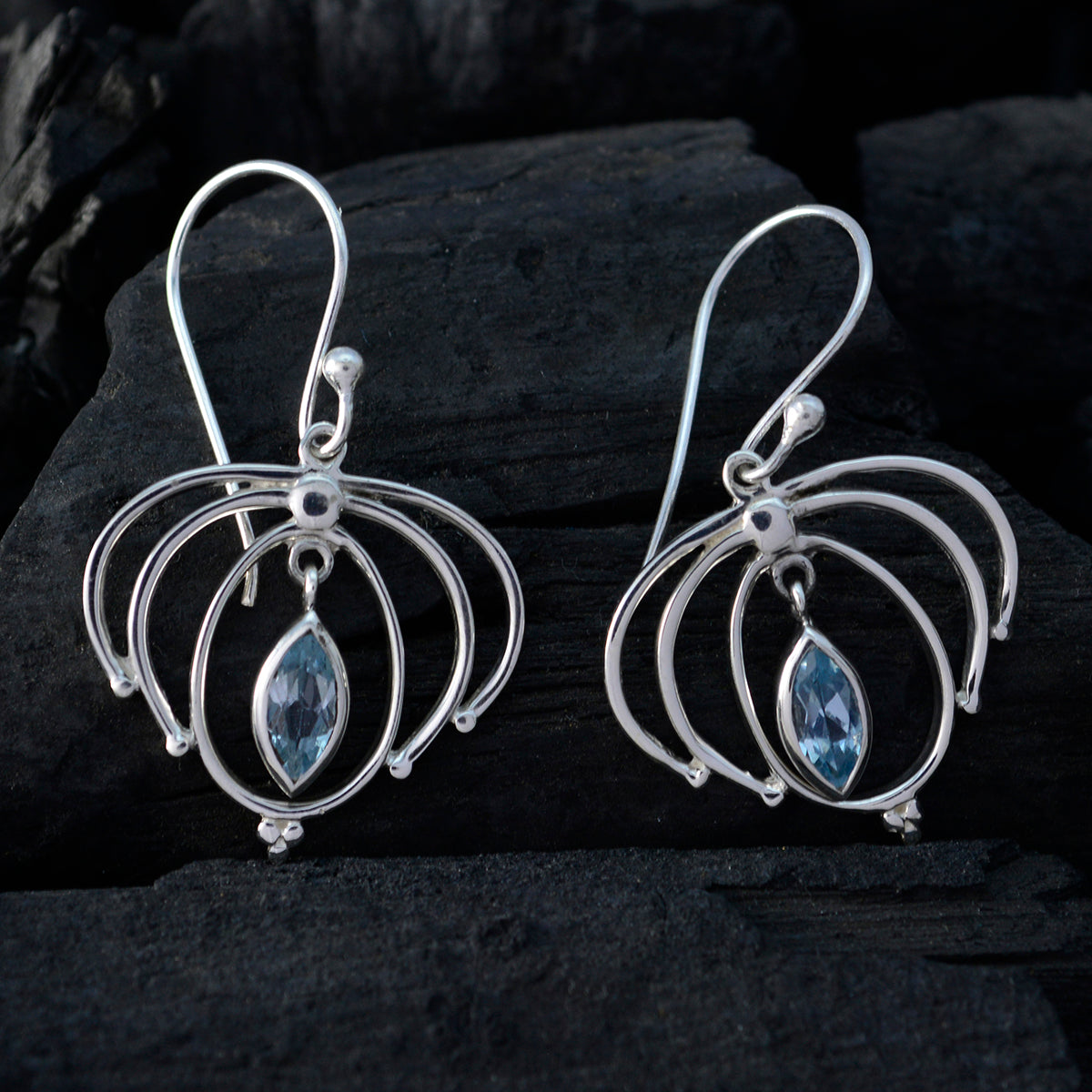 Riyo Nice Gemstone Marquise Faceted Blue Topaz Silver Earring gift for handmade