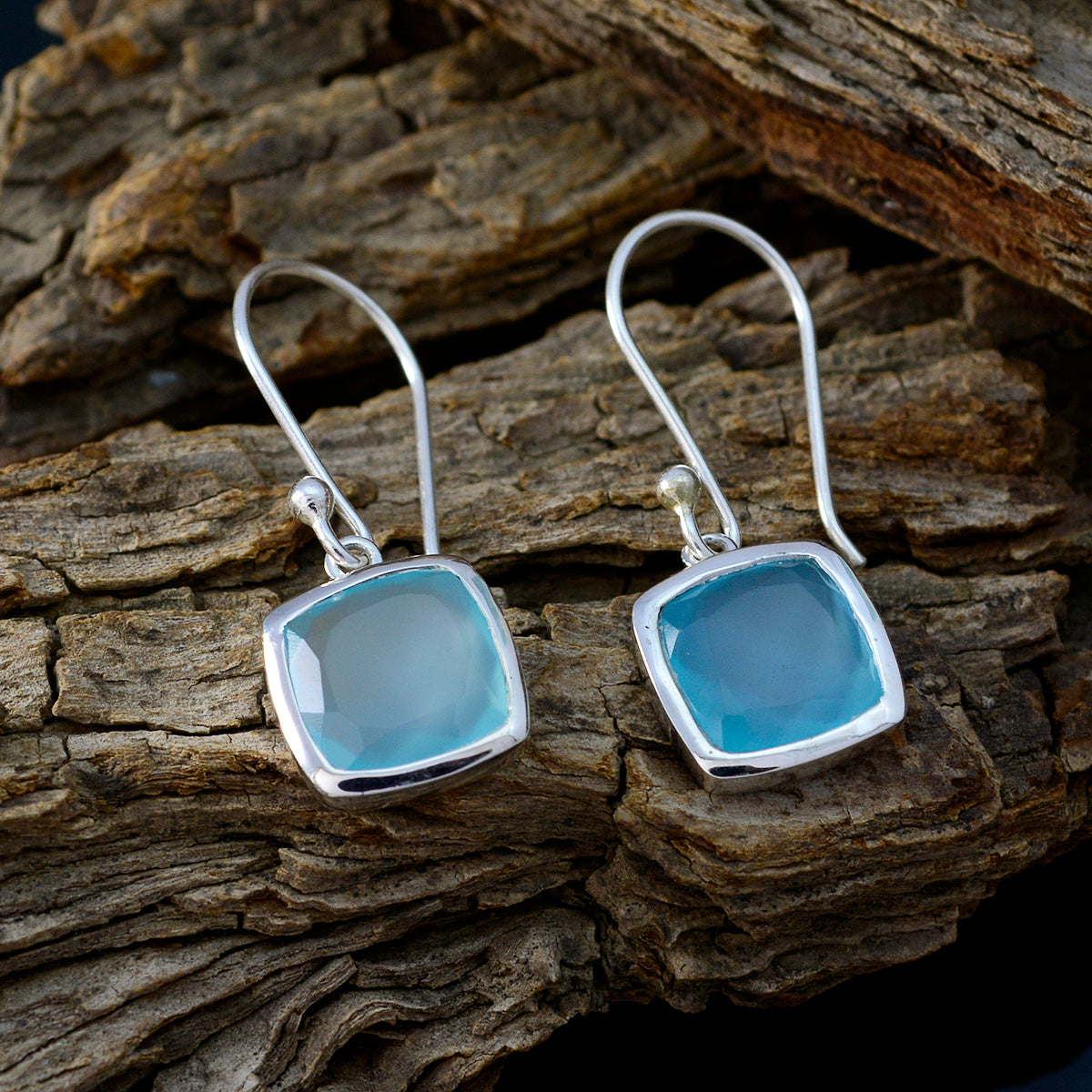 Riyo Nice Gemstone Octogon Faceted Aqua Chalcedoy Silver Earring gift for independence day