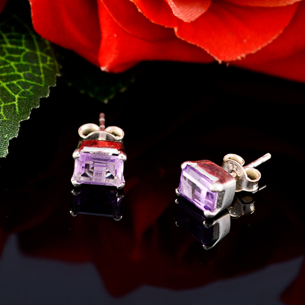 Riyo Nice Gemstone Octogon Faceted Purple Amethyst Silver Earring gift for mom birthday