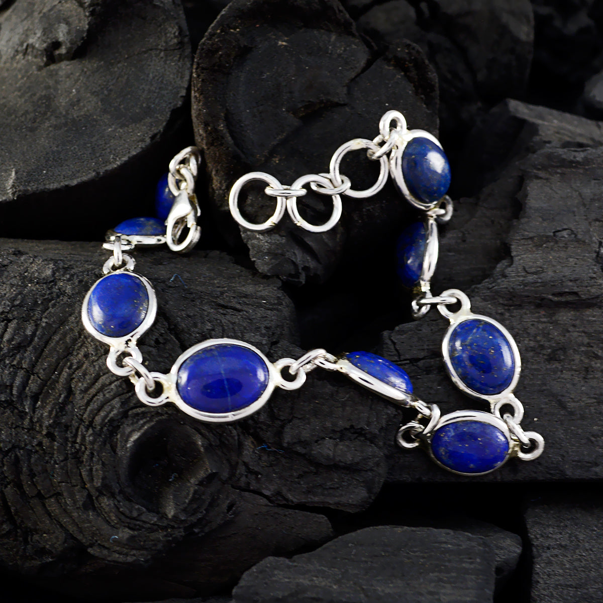 Riyo Nice Gemstone Oval Cabochon Navy Blue Lapis Lazuli Silver Bracelets gift for cyber Monday