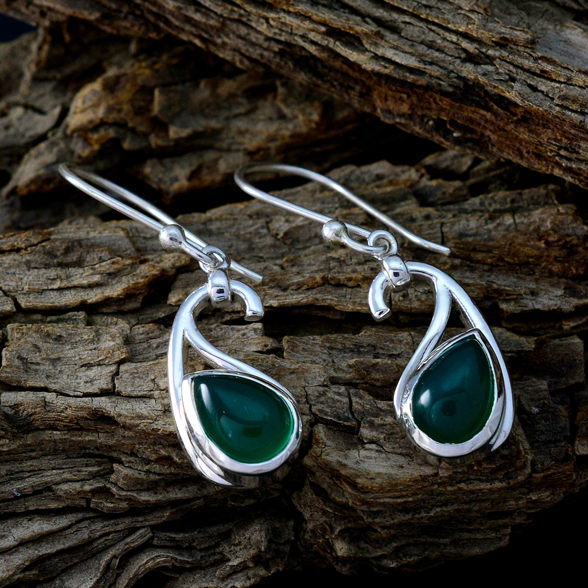 Riyo Nice Gemstone Pear Cabochon Green Onyx Silver Earrings gift for friends