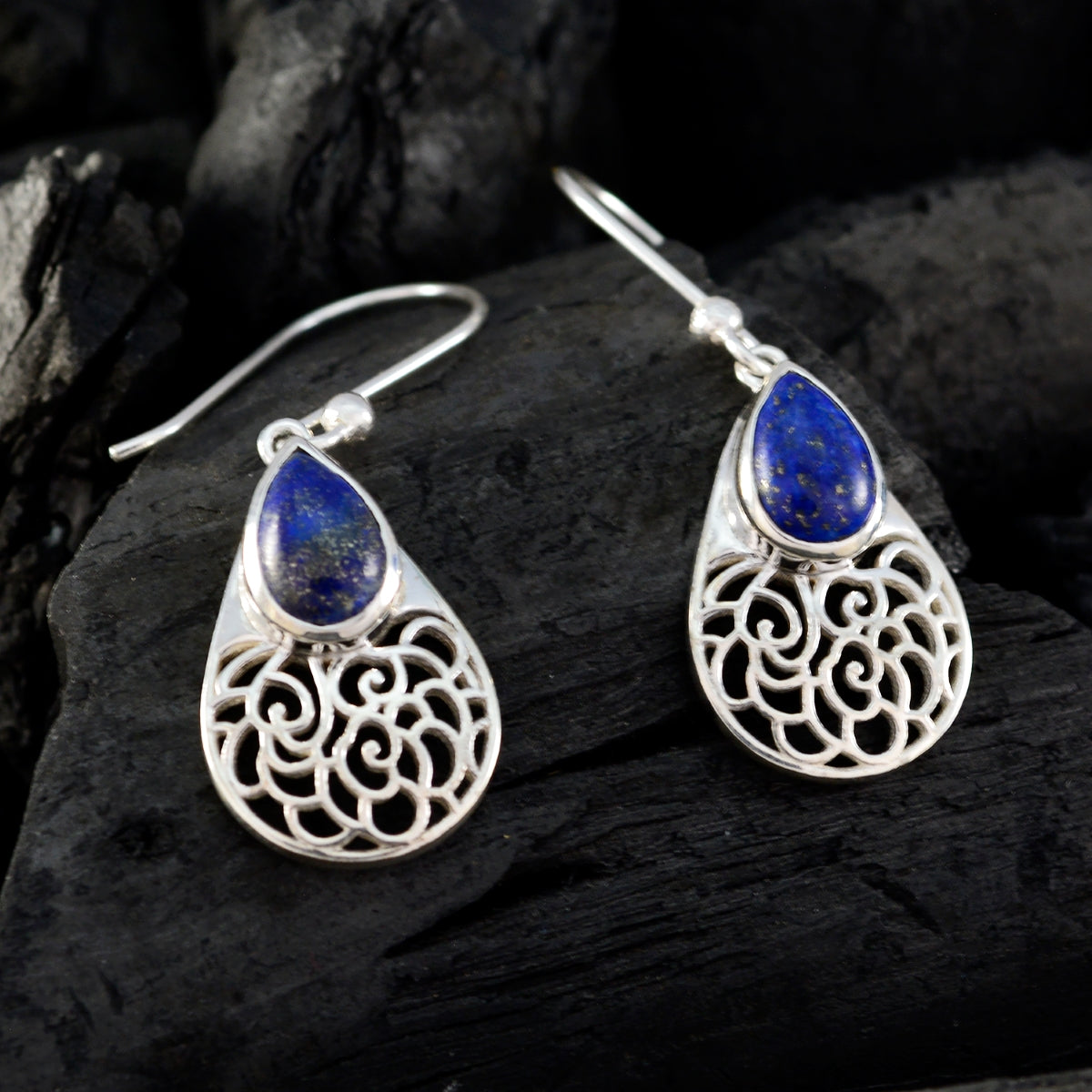 Riyo Nice Gemstone Pear Cabochon Nevy Blue Lapis Lazuli Silver Earring gift for mom birthday