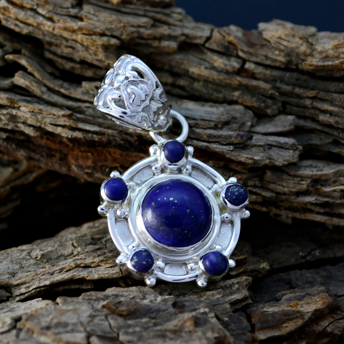 Riyo Nice Gemstone Round Cabochon Nevy Blue Lapis Lazuli 925 Silver Pendants gift for mother
