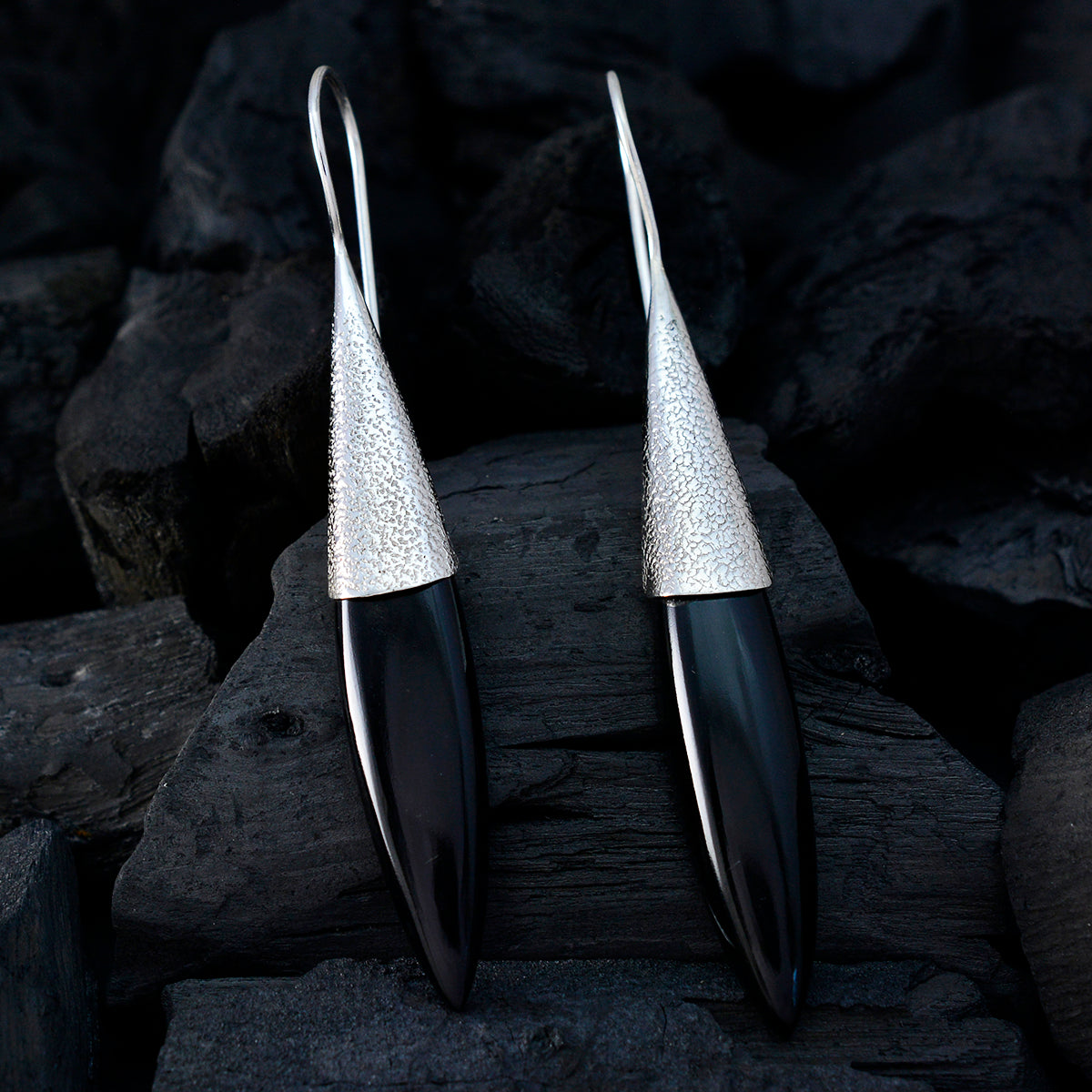 Riyo Nice Gemstone fancy Cabochon Black Onyx Silver Earring mother gift