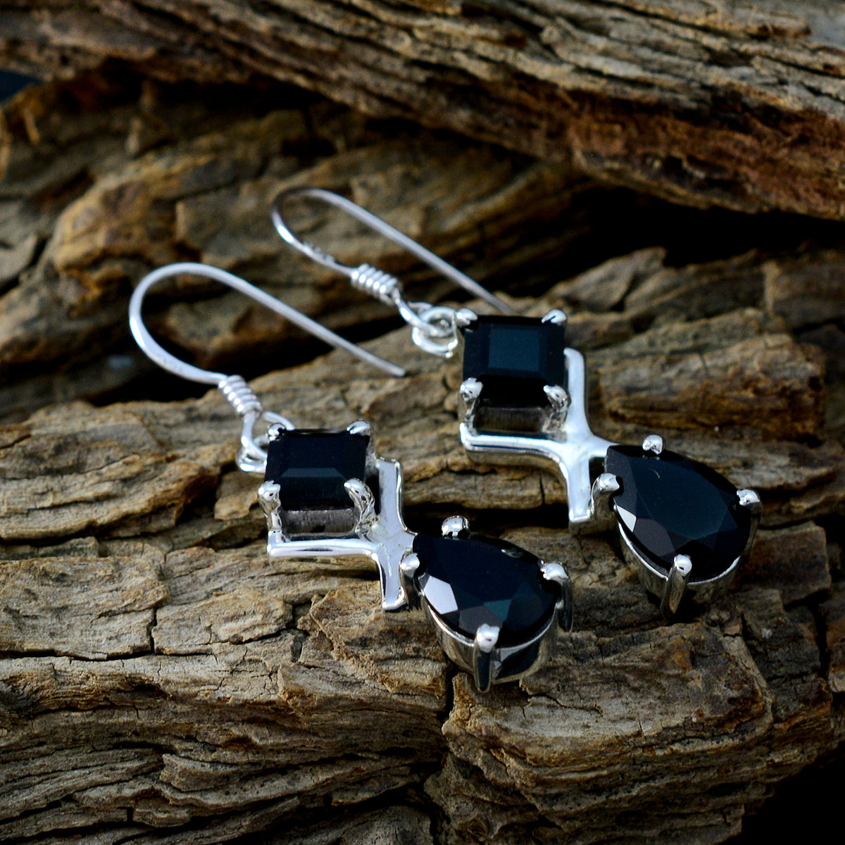 Riyo Nice Gemstone multi shape Faceted Black Onyx Silver Earring gift for good Friday