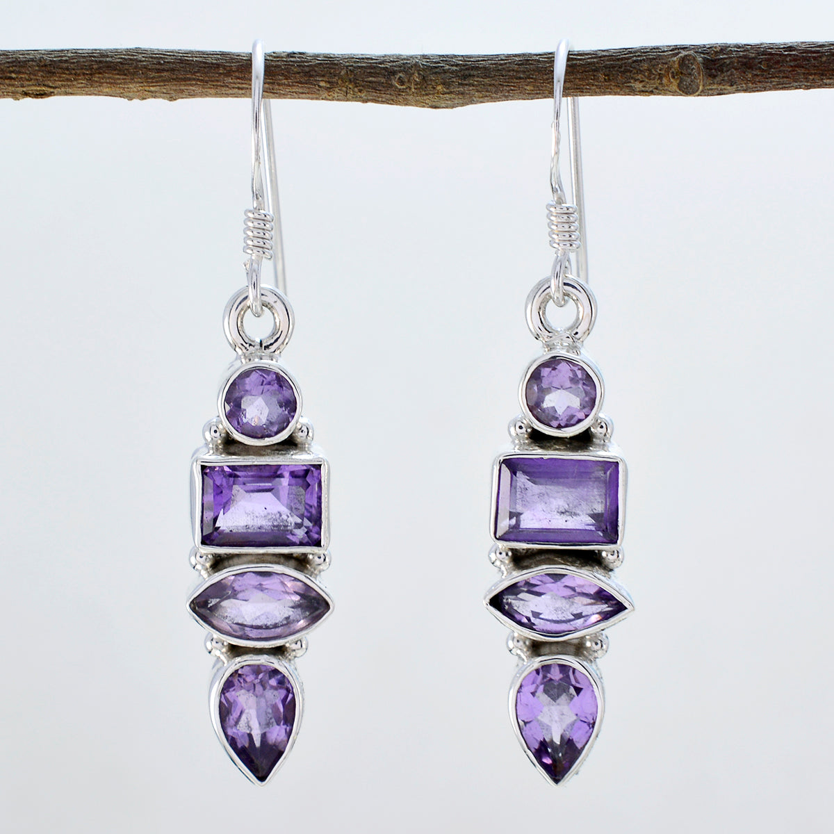 Riyo Nice Gemstone multi shape Faceted Purple Amethyst Silver Earrings frinendship day gift