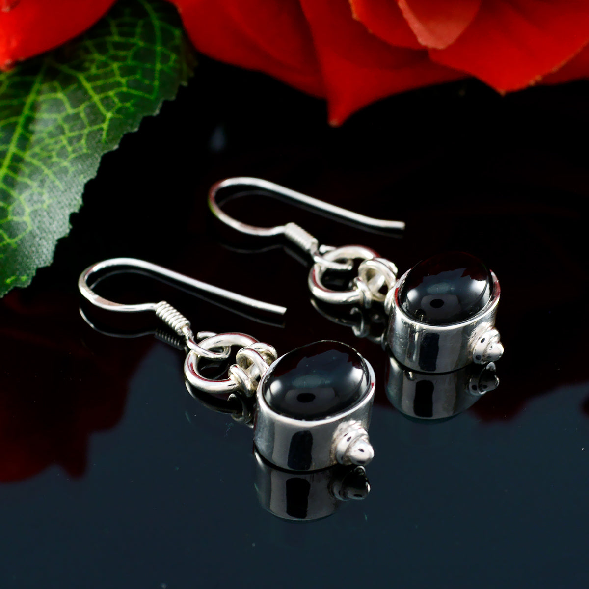 Riyo Nice Gemstone oval Cabochon Black Onyx Silver Earring graduation gift