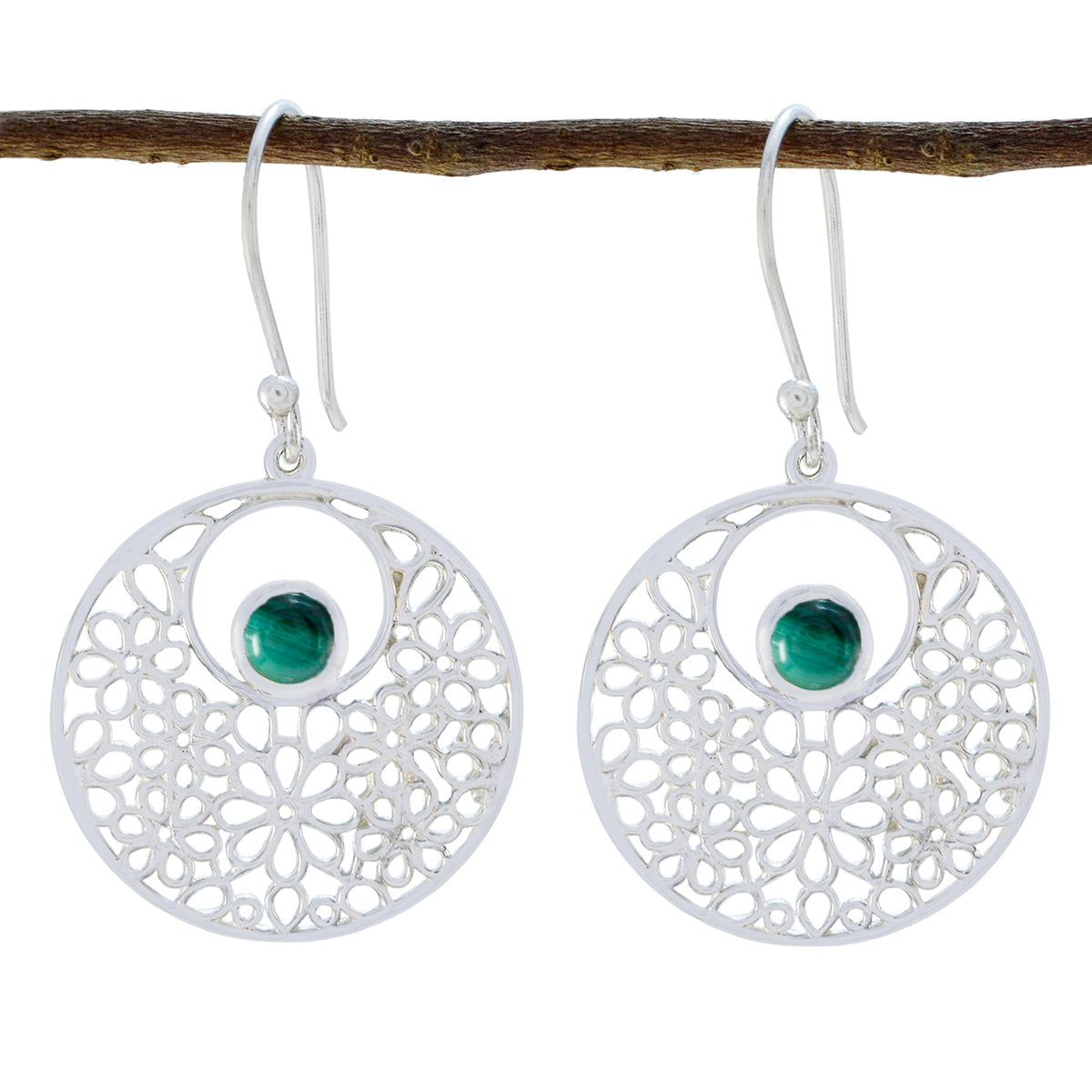 Riyo Nice Gemstone round Cabochon Green Malachatie Silver Earring gift for mother's day
