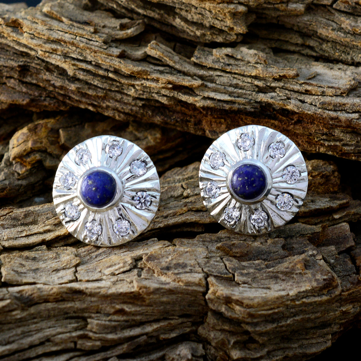 Riyo Nice Gemstone round Cabochon Nevy Blue Lapis Lazuli Silver Earring gift for graduation