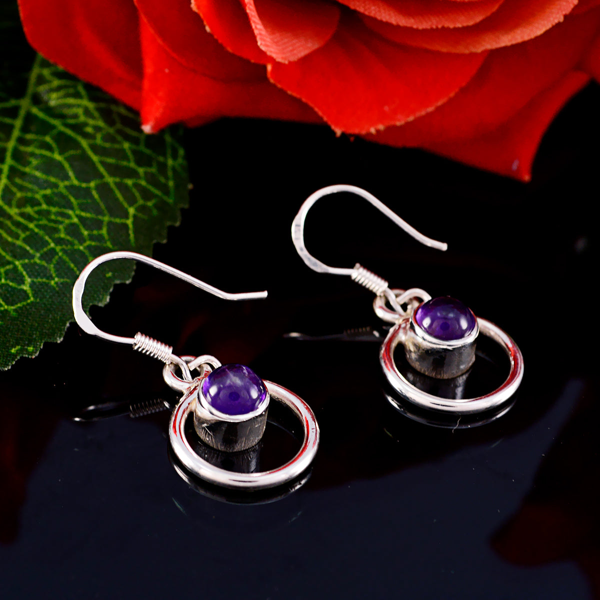 Riyo Nice Gemstone round Cabochon Purple Amethyst Silver Earrings gift for cyber Monday