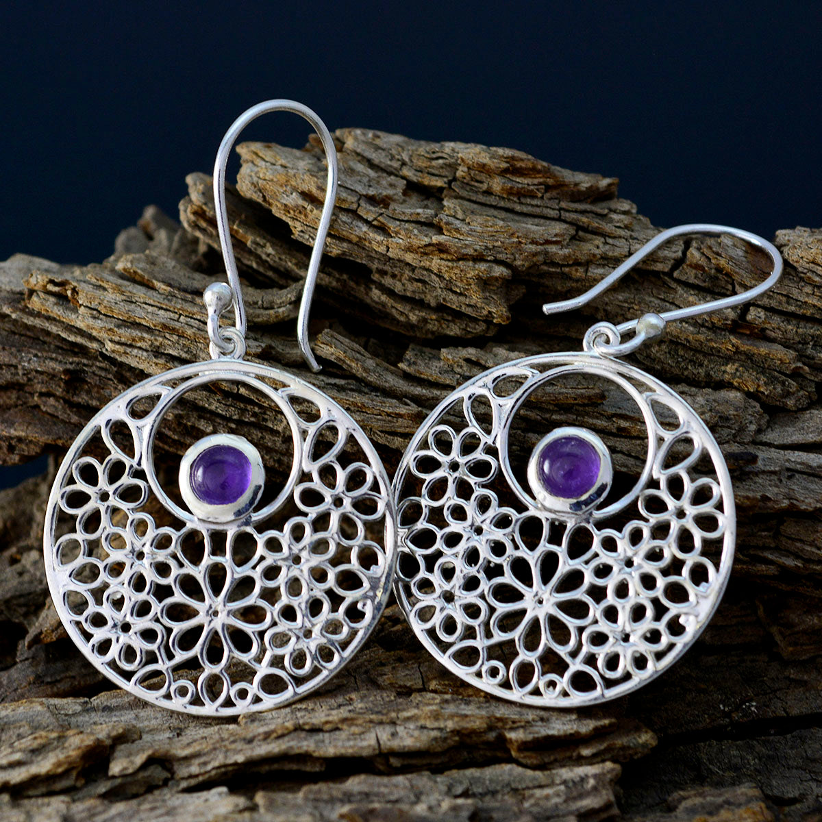 Riyo Nice Gemstone round Cabochon Purple Amethyst Silver Earrings gift for grandmother