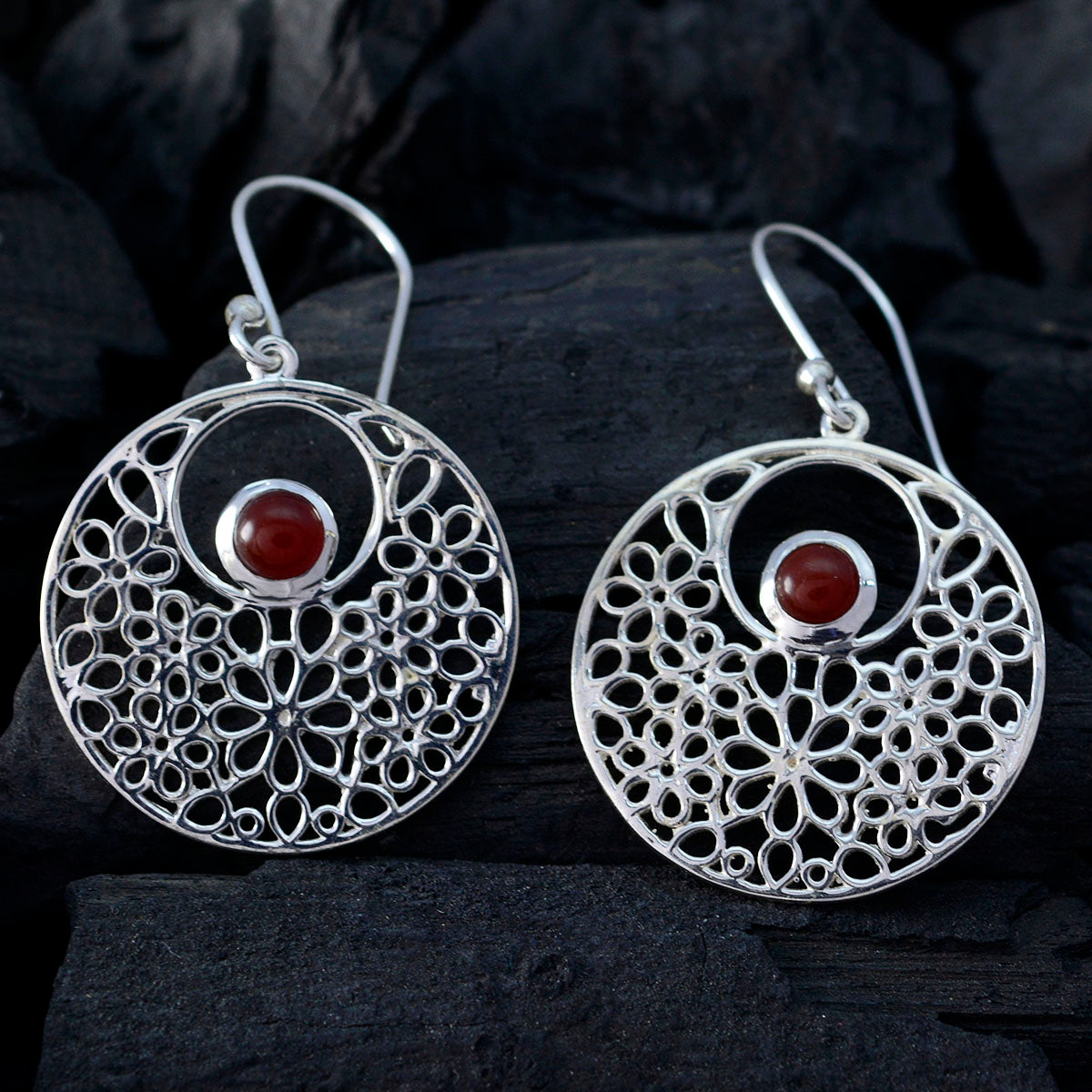 Riyo Nice Gemstone round Cabochon Red Onyx Silver Earring gift fordaughter day