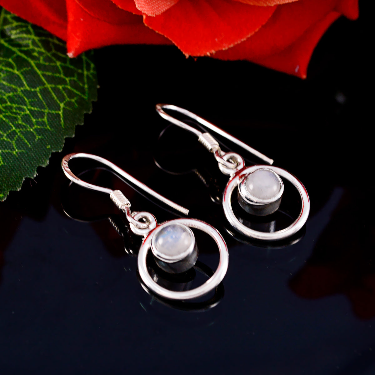 Riyo Nice Gemstone round Cabochon White Rainbow Moonstone Silver Earring handmade gift