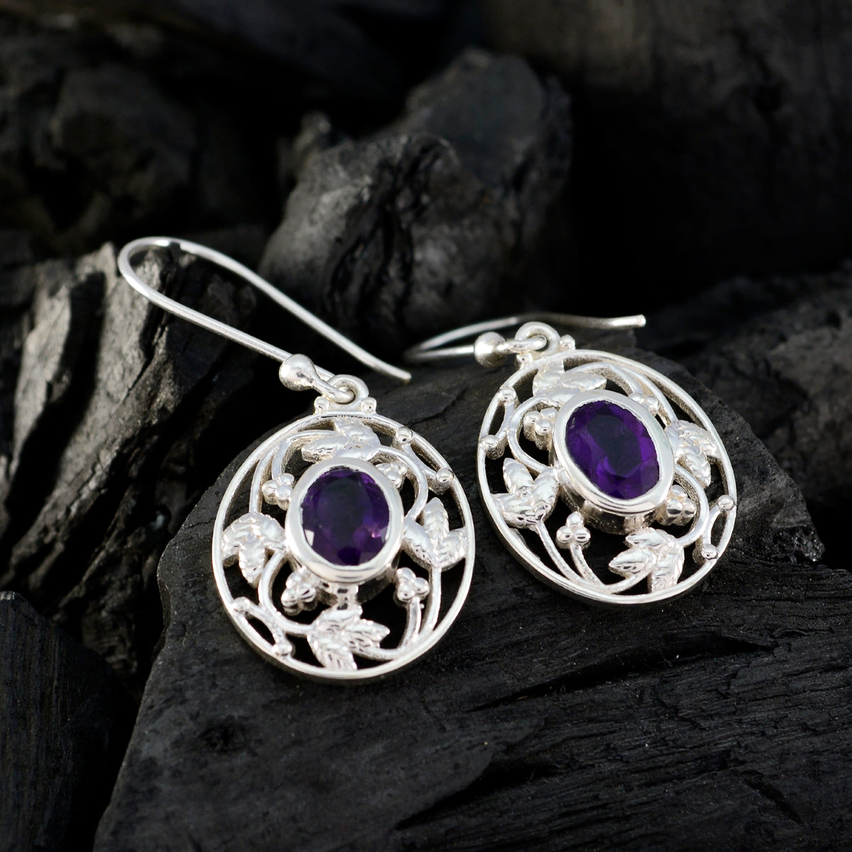 Riyo Nice Gemstone round Faceted Purple Amethyst Silver Earring gift for anniversary