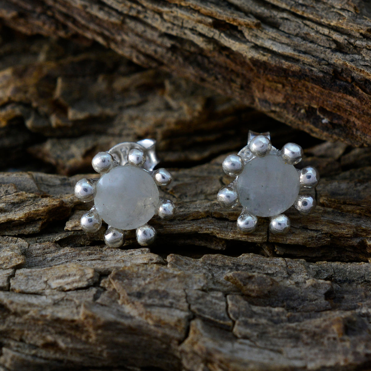 Riyo Nice Gemstone round Faceted White Rainbow Moonstone Silver Earring gift for easter Sunday