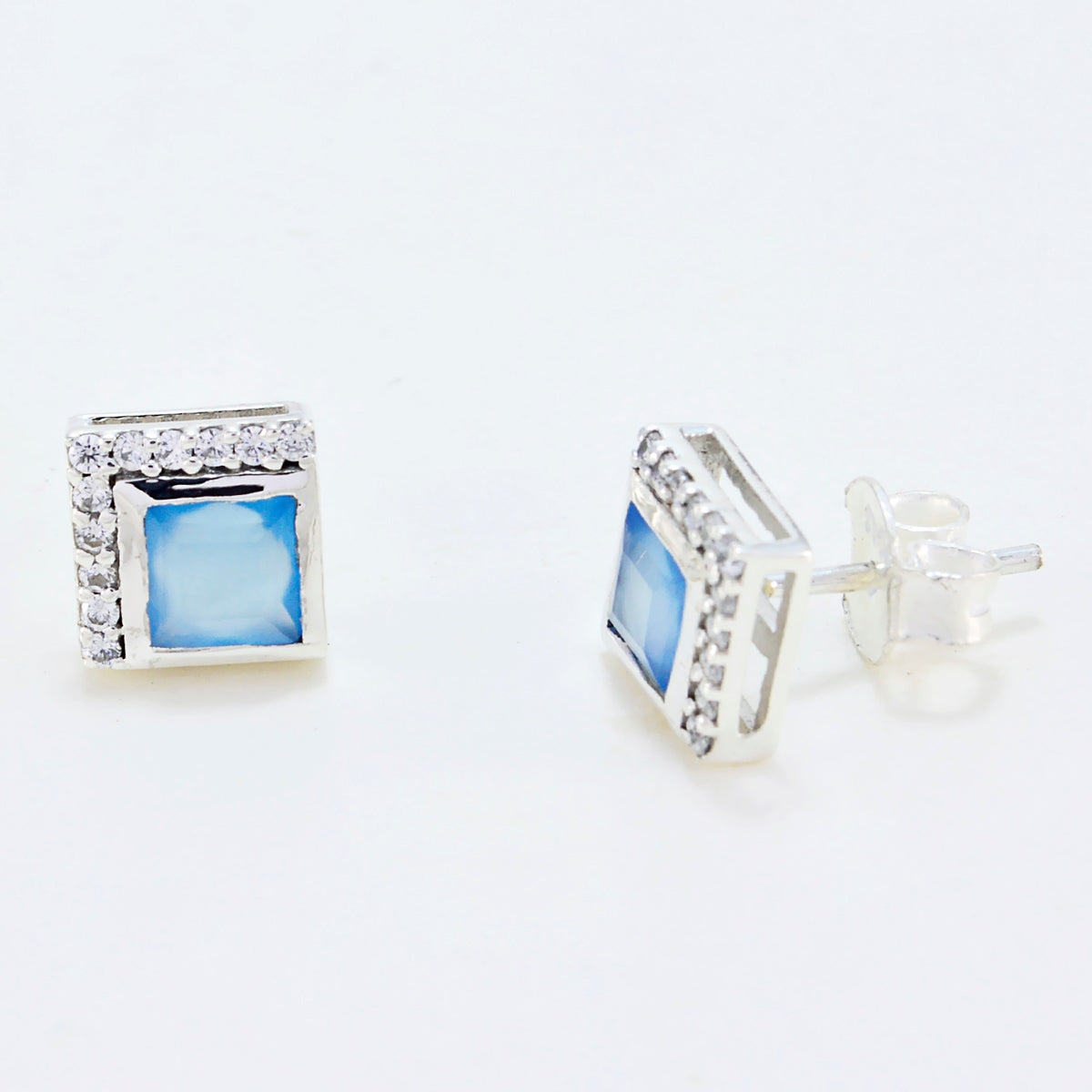Riyo Nice Gemstone square Faceted Blue Chalcedony Silver Earrings gift for friendship day