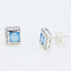 Riyo Nice Gemstone square Faceted Blue Chalcedony Silver Earrings gift for friendship day