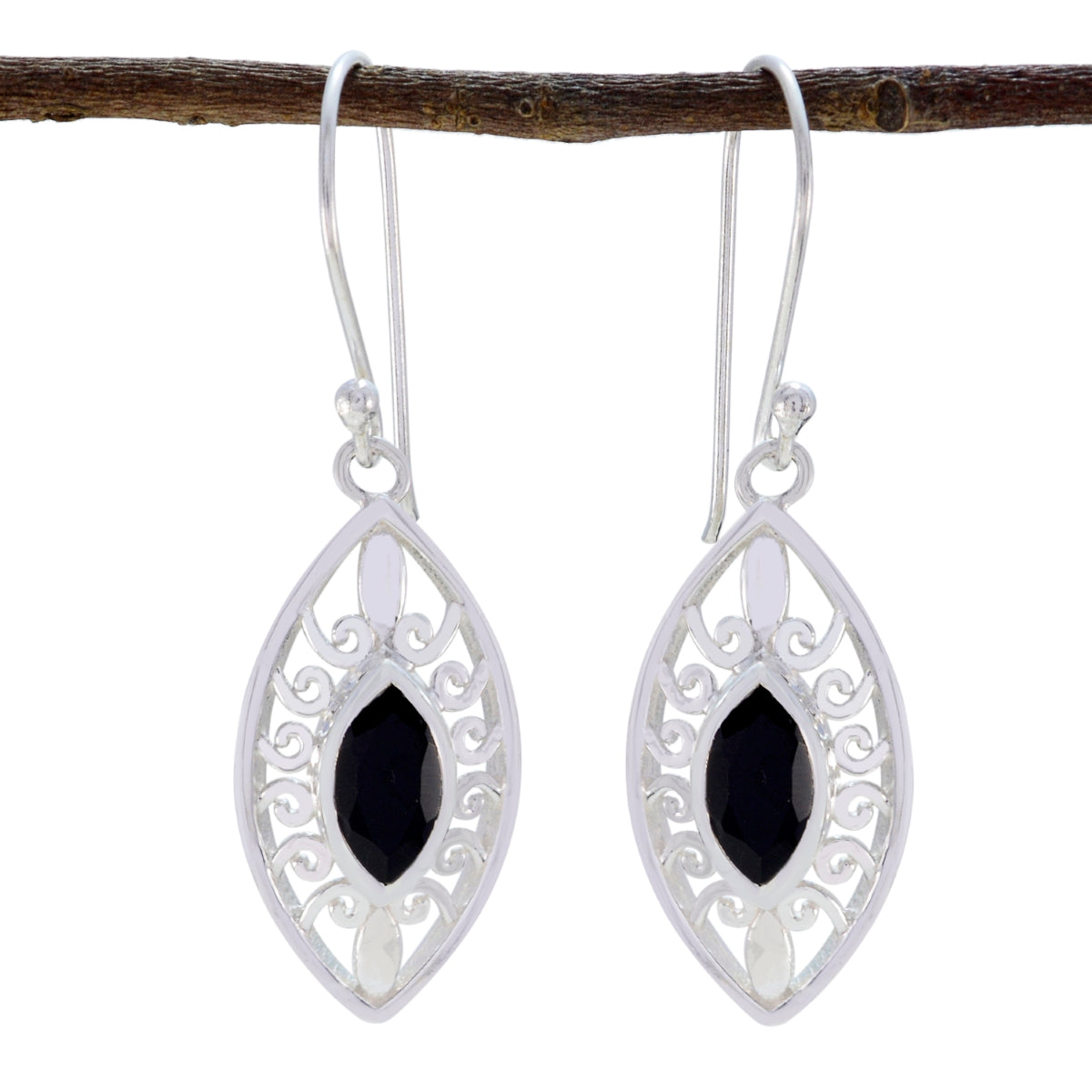 Riyo Real Gemstones Marquise Faceted Black Onyx Silver Earring mothers day gift