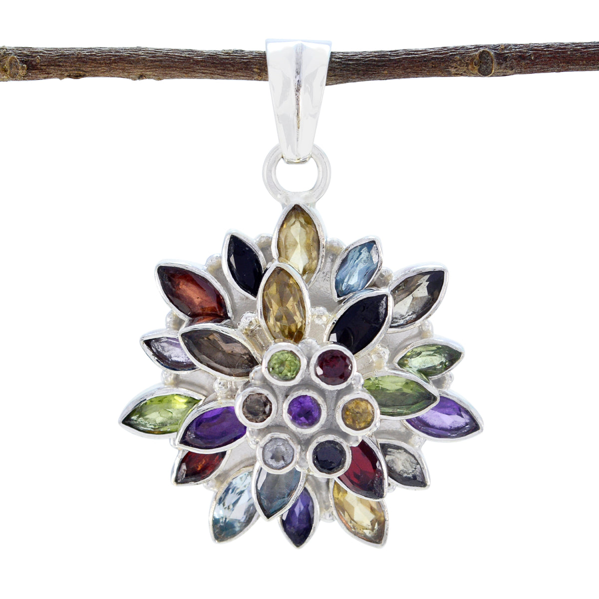 Riyo Real Gemstones Multi Shape Faceted Multi Color Multi Stone Sterling Silver Pendant gift for friendship day