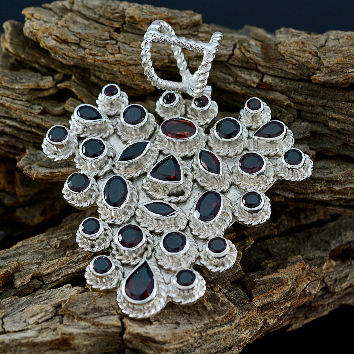 Riyo Real Gemstones Multi Shape Faceted Red Garnet Solid Silver Pendant gift for st. patricks day