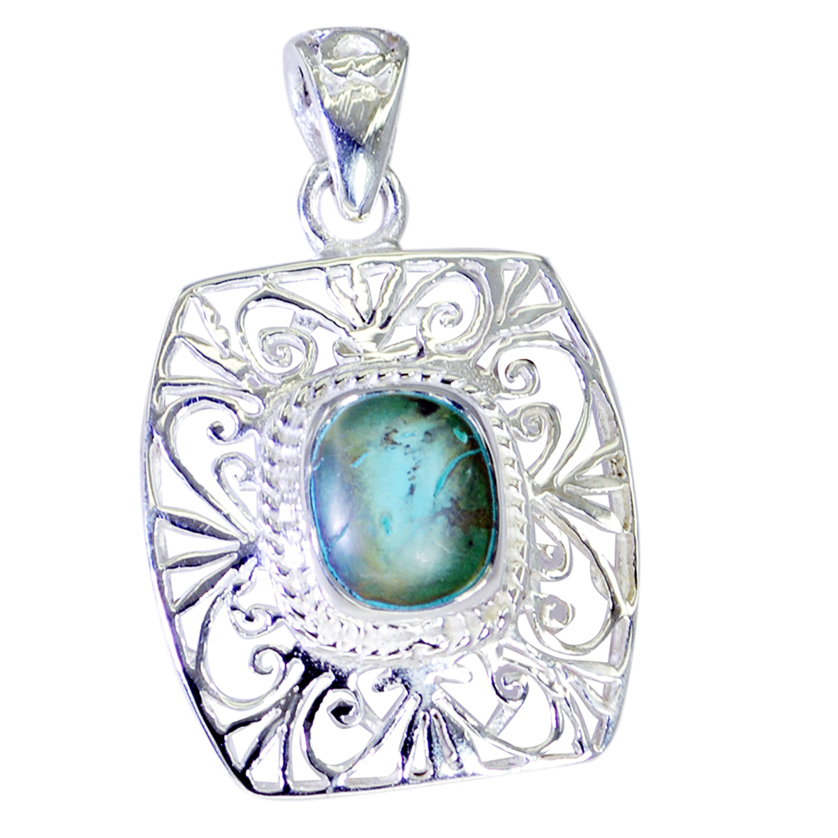 Riyo Real Gemstones Octogon Cabochon Blue Turquoise 925 Sterling Silver Pendant gift for valentine's day