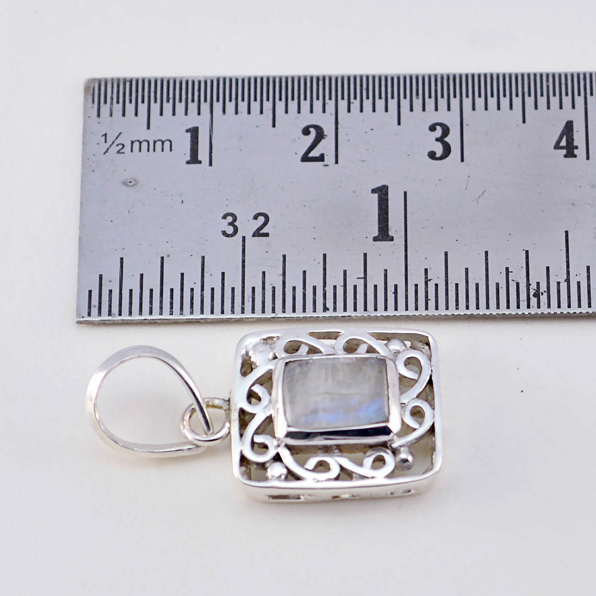 Riyo Real Gemstones Octogon Cabochon White Rainbow Moonstone 925 Silver Pendants independence gift