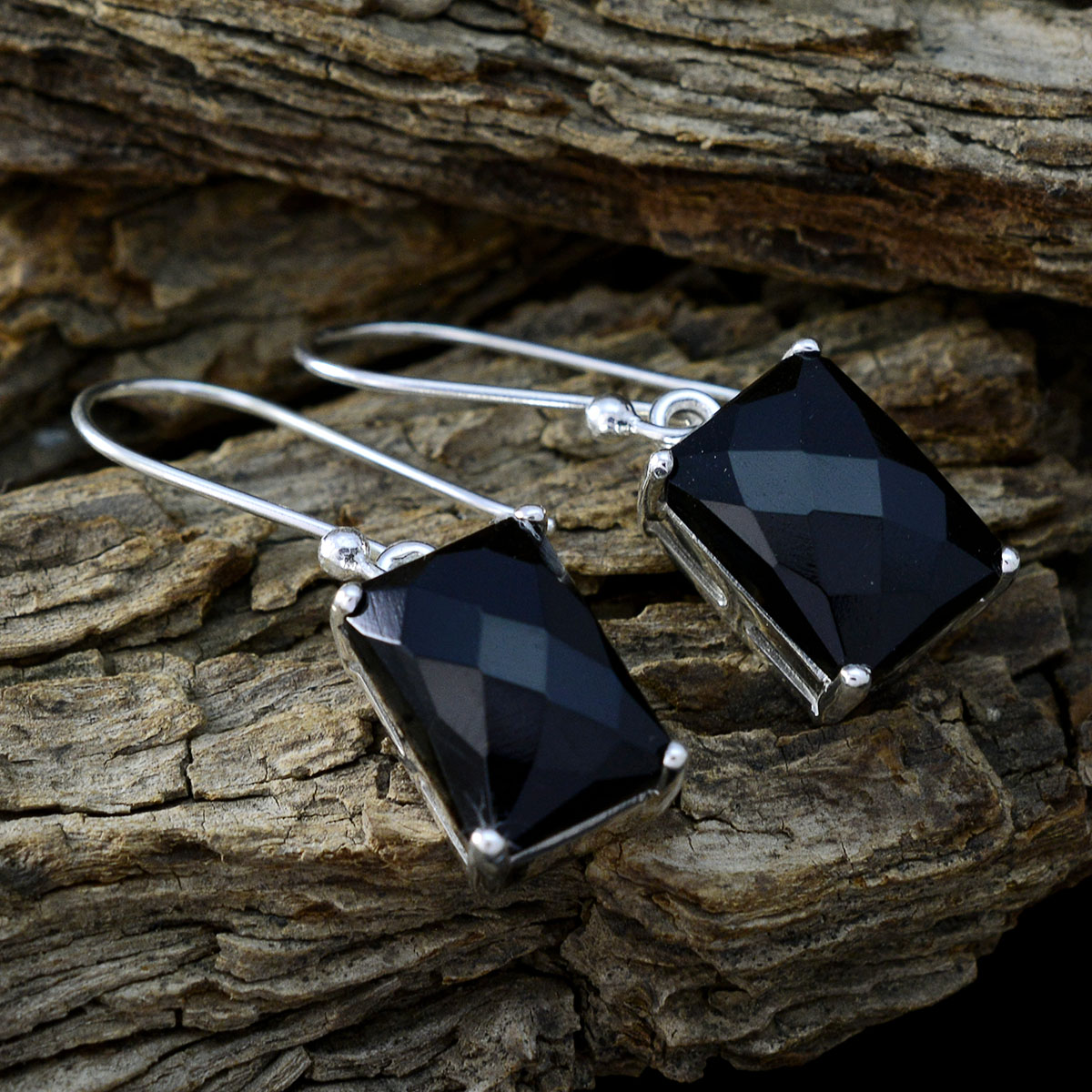 Riyo Real Gemstones Octogon Checker Black Onyx Silver Earrings new years day gift