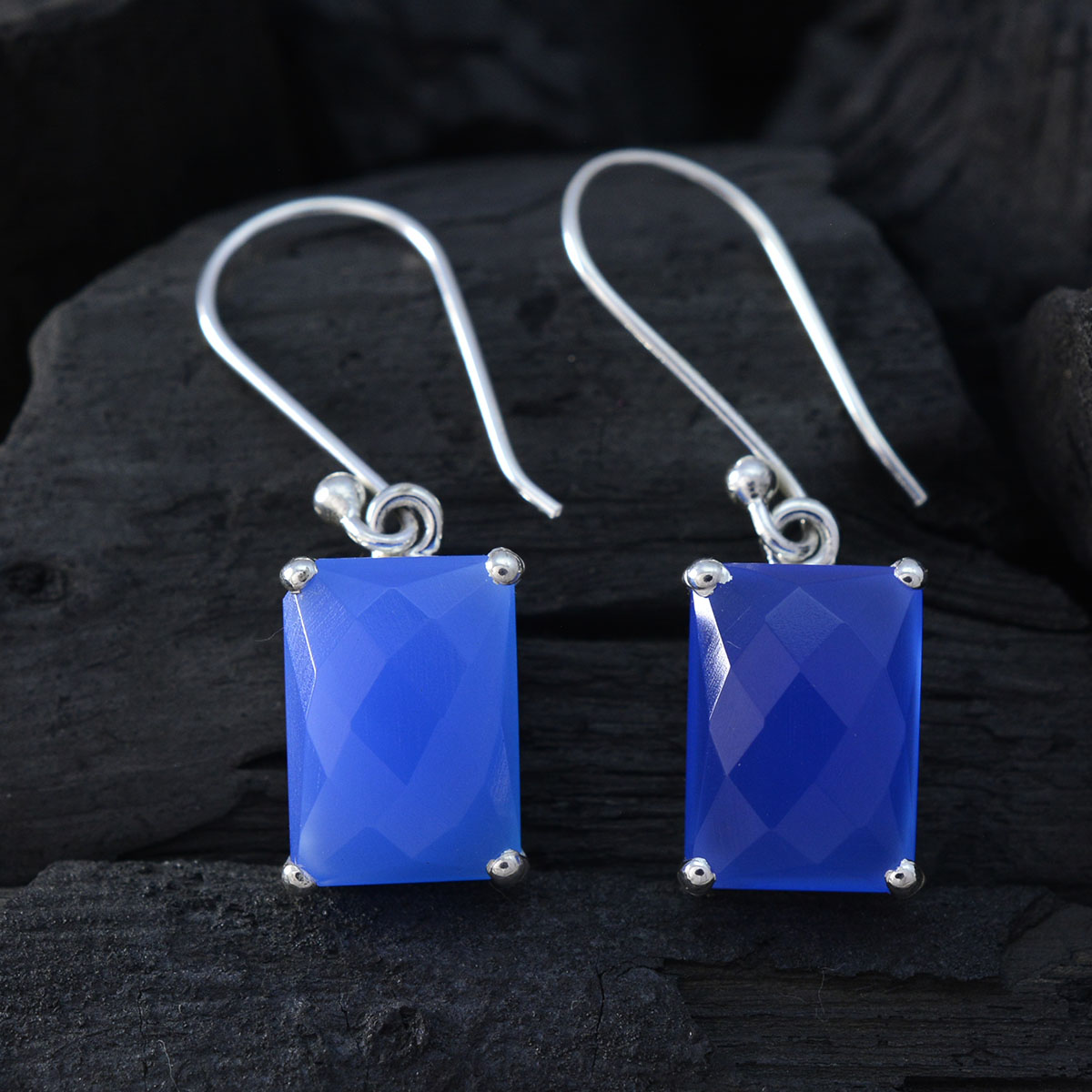 Riyo Real Gemstones Octogon Checker Blue Chalcedony Silver Earrings gift fordaughter day