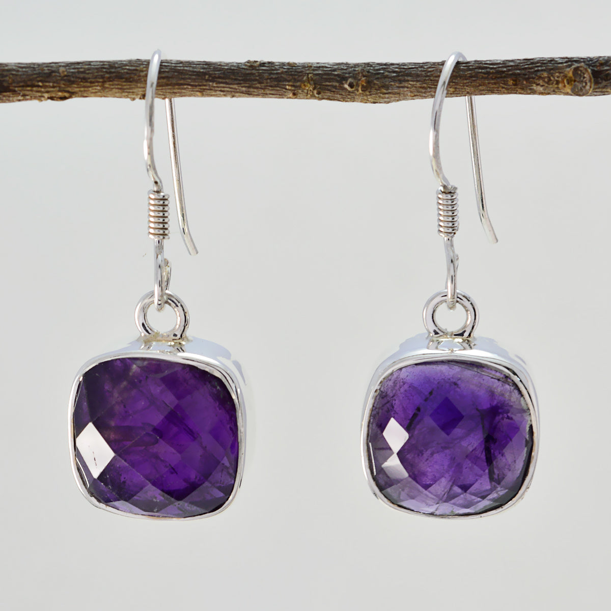 Riyo Real Gemstones Octogon Checker Purple Amethyst Silver Earring gift for sister