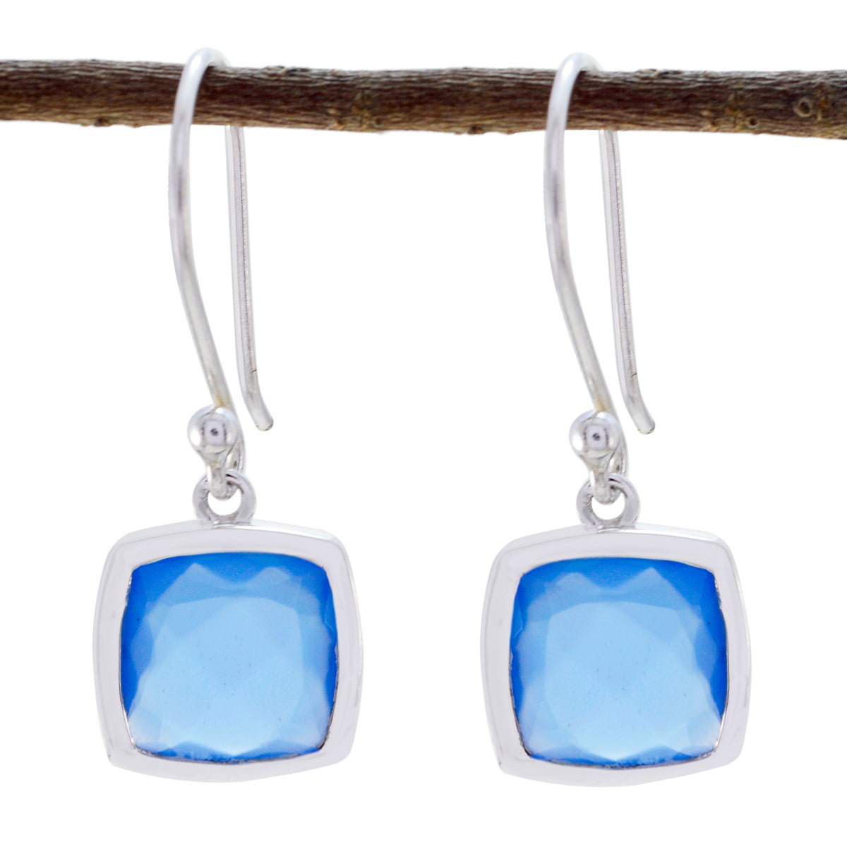 Riyo Real Gemstones Octogon Faceted Blue Chalcedony Silver Earring gift for graduation